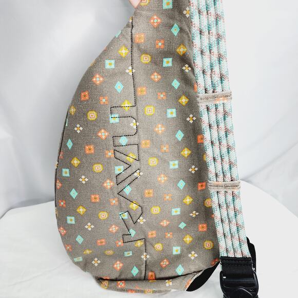 Kavu Gray & Teal Geometric Print Rope Sling Crossbody Bag Cotton Back Pack - Picture 4 of 16